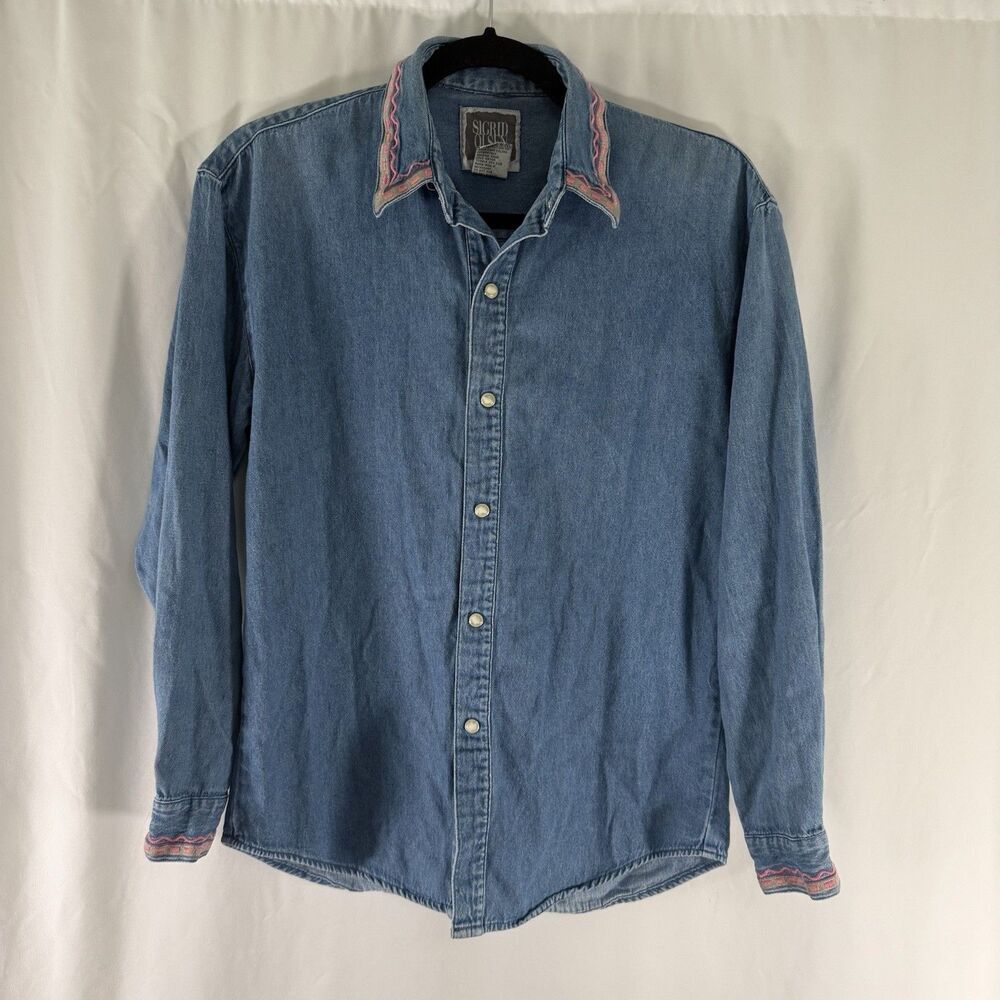 Sigrid Olsen Chambray Pearl Snap Women's Small Blue Long Sleeve Embroidered